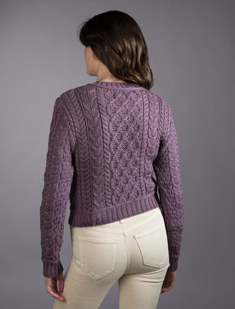 Ladies Cropped Aran Sweater - Warm Lavender