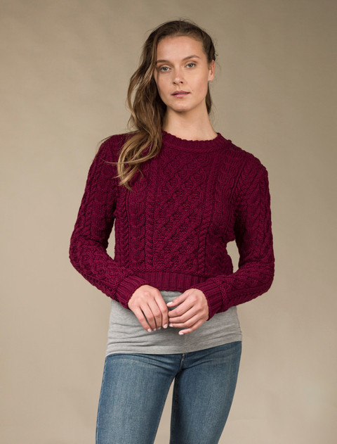 Ladies Cropped Aran Sweater - Claret