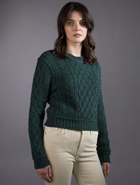 Ladies Cropped Aran Sweater - Evergreen