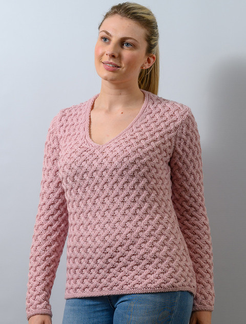 Open Neck Merino Trellis Sweater - Pale Pink