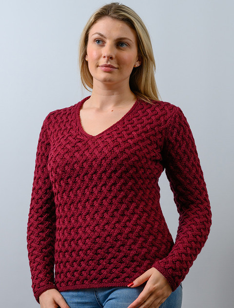 Open Neck Merino Trellis Sweater - Claret