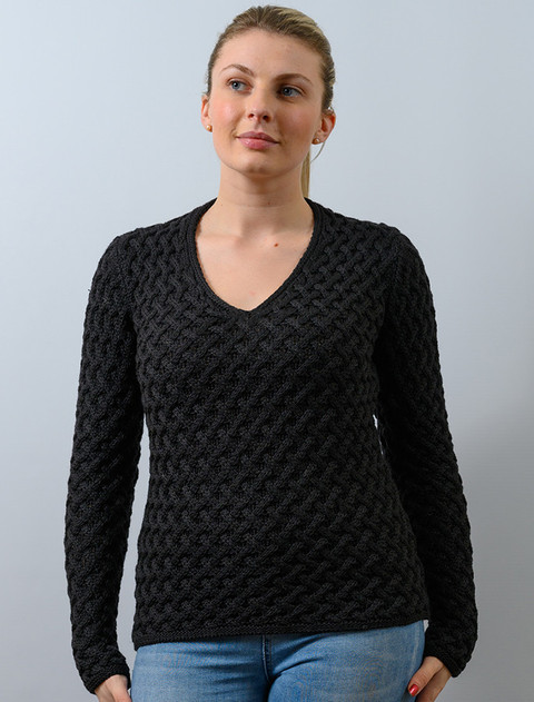Open Neck Merino Trellis Sweater - Black