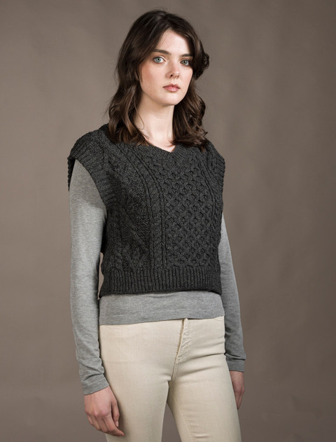 Ladies Cropped V-Neck Aran Sweater Vest - Graphite