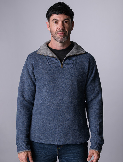 Mens Half Zip Wool Sweater -  Blue Stone