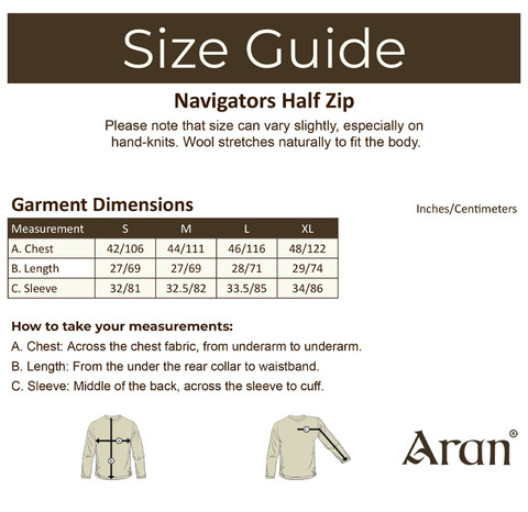 Mens Half Zip Irish Wool Sweater - Size Guide