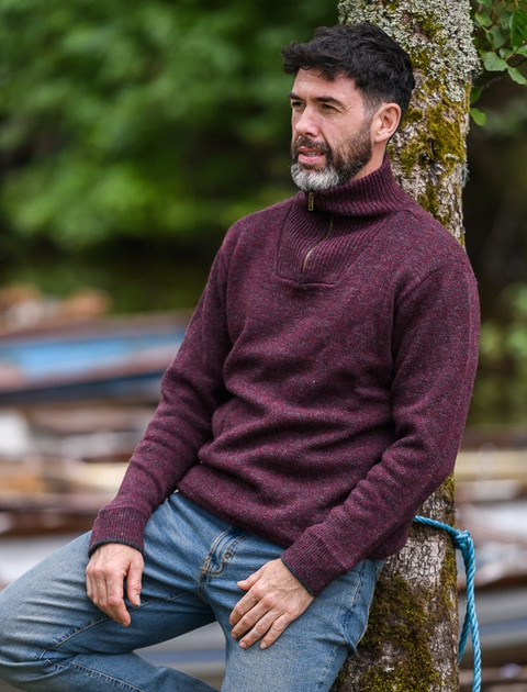 Mens Half Zip Irish Wool Sweater  - Claret Marl