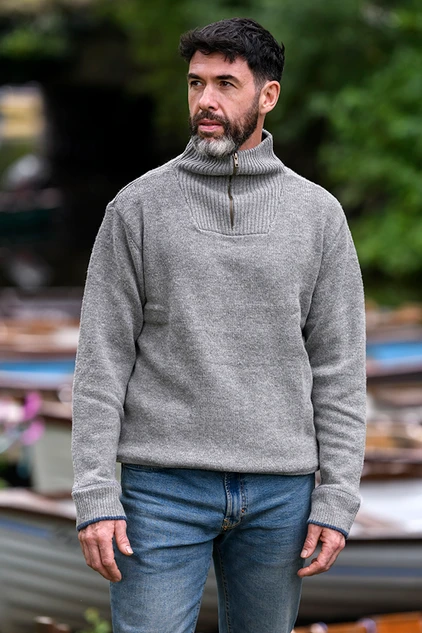 Mens Half Zip Irish Wool Sweater - Grey Smoke