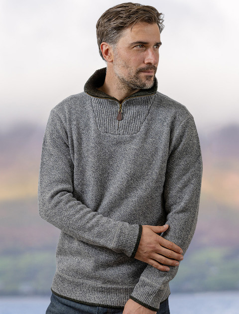 Mens Half Zip Wool Sweater - Light Grey Marl