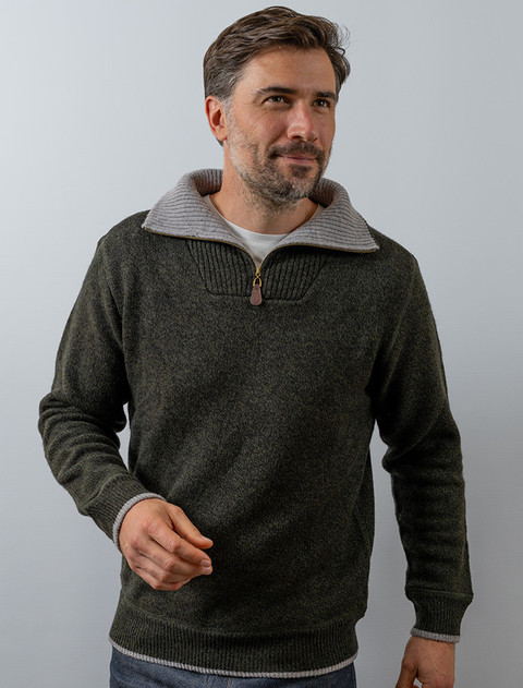 Mens Half Zip Irish Wool Sweater - Green Marl