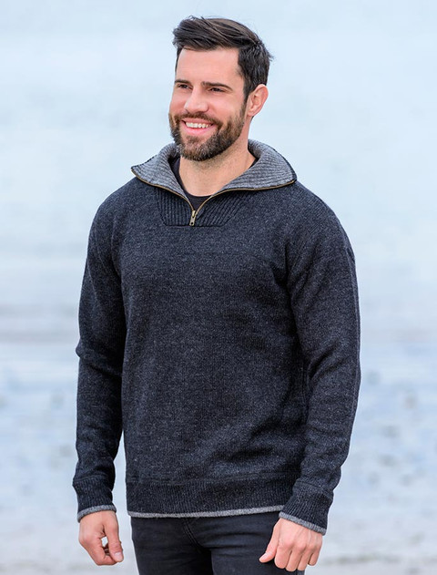 Mens Half Zip Wool Sweater - Charcoal