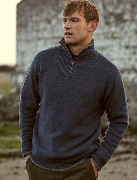 Mens Half Zip Irish Wool Sweater - Navy Marl