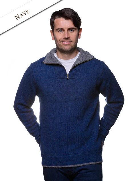 Mens Half Zip Irish Wool Sweater - Navy