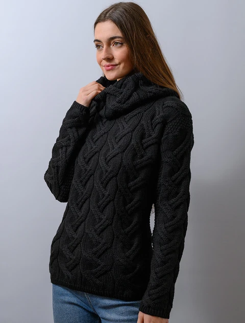 Super Soft Chunky Cable Cowl Neck Aran - Black