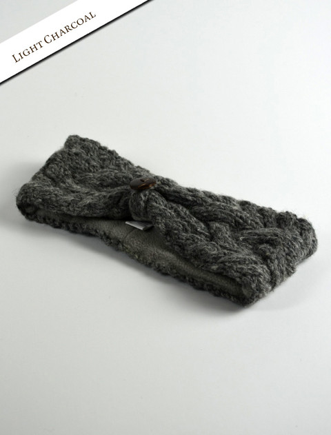 Fleece Lined Aran Cable Headband with Button - Light Charcoal