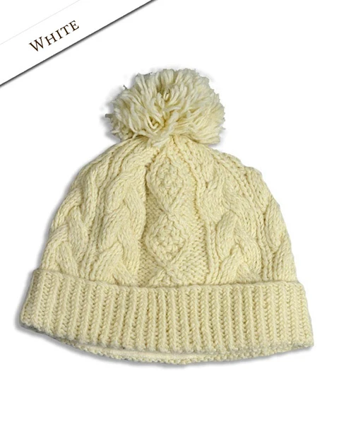 Aran Fleece Lined Rib Cap with Bobble - Natural White