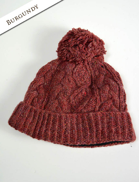 Aran Fleece Lined Rib Cap with Bobble - Burgundy