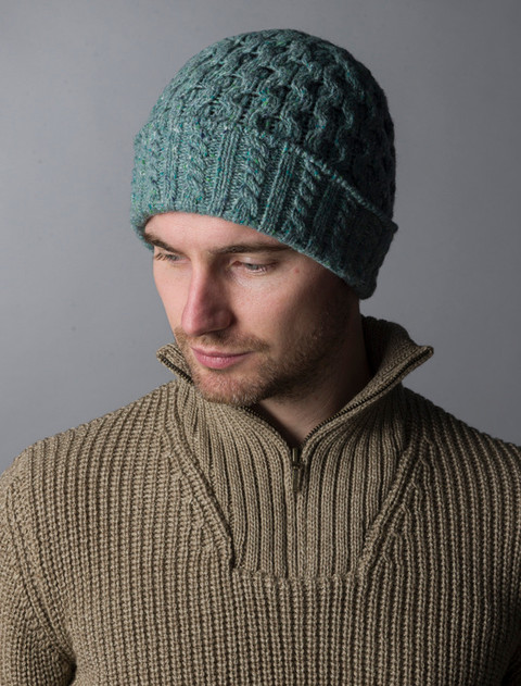 Wool Cashmere Aran Honeycomb Hat - Ocean Mist