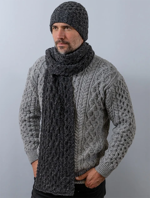 Men's Wool Cashmere Honeycomb Scarf  -  Charcoal