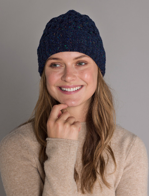 Women's Wool Cashmere Aran Honeycomb Hat - Rich Navy