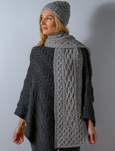 Women's Wool Cashmere Aran Honeycomb Scarf - Middle Grey