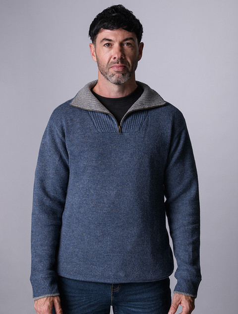 Mens Half Zip Irish Wool Sweater - Blue Stone