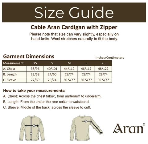 Cable Aran Cardigan with Zipper - Size Guide