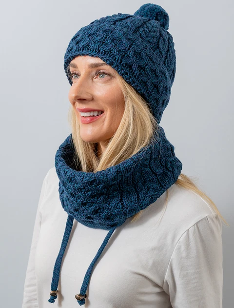 Honeycomb & Cable Hat with Pom - Atlantic Blue