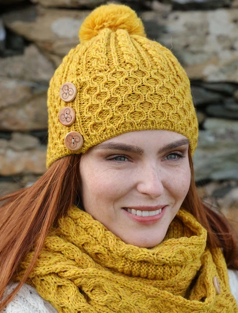 Merino Honeycomb Pom Pom Hat - Sunflower Yellow