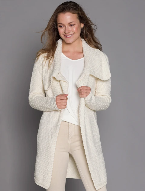 Woven Textured Aran Wrap Coat - White