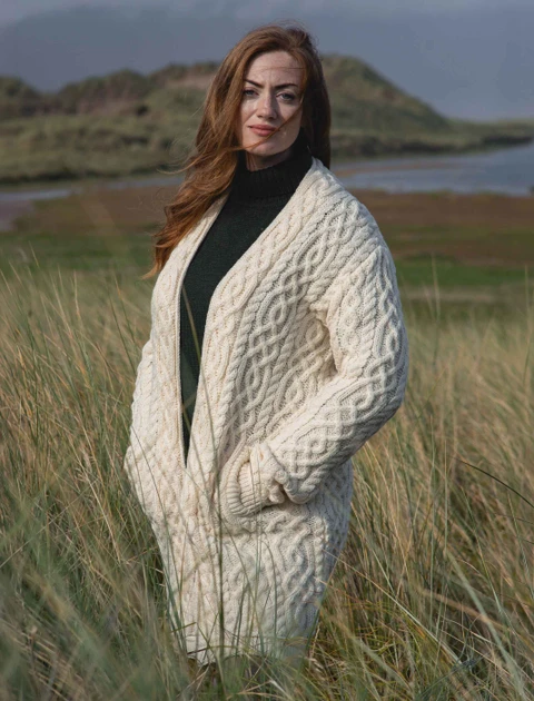 Ladies Plated Aran Cable Knit Coat - color: Natural White; type: Primary