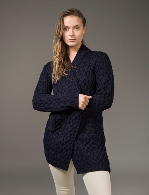 Ladies Plated Aran Cable Knit Coat - Navy