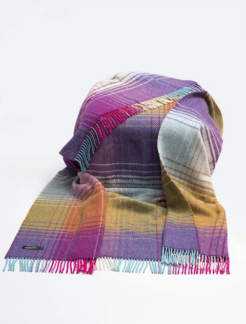 Wool and Cashmere Throw - Pink, Purple & Mustard Check 
