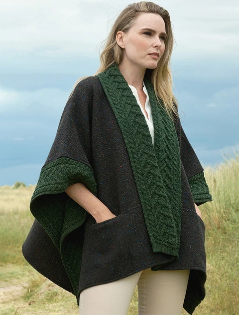 Ladies Donegal Tweed & Merino Wool Cape - Army Green