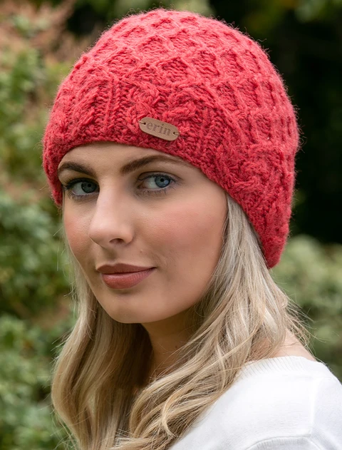 Ladies Aran Diamond Pull-on Hat - Raspberry