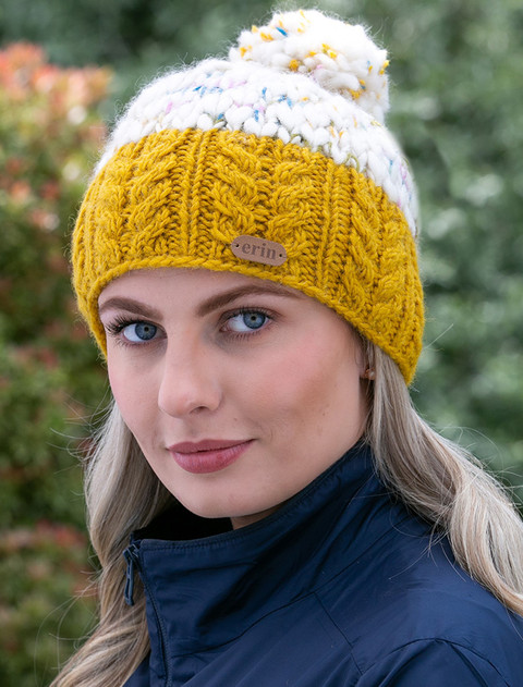 Ladies Aran Uneven Wool Bobble Hat - Yellow