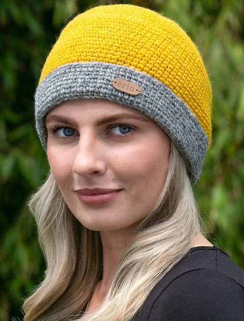 Ladies Crochet Turn Up Hat - Yellow