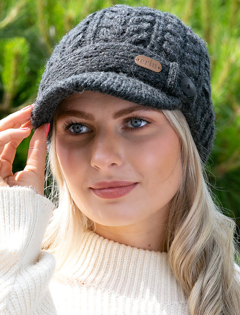 Ladies Aran Cable Peak Hat - Charcoal