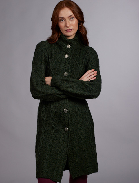 Women's Aran Long Button Cable & Diamond Coat - Army Green