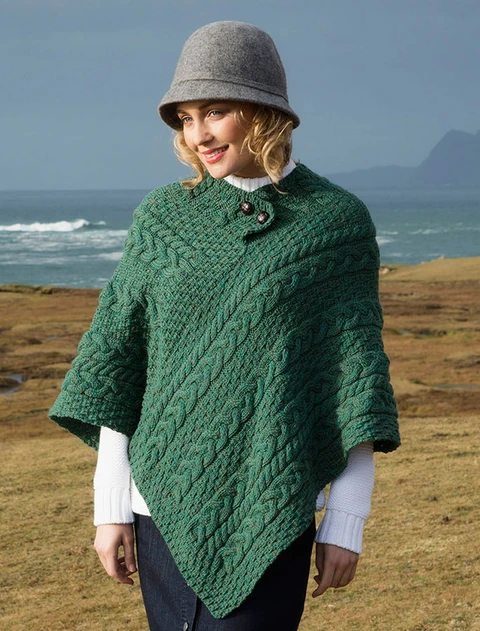 Cable Poncho with Aran Button Detail - Connemara