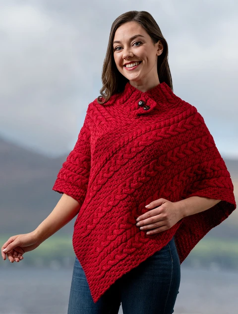 Cable Poncho with Aran Button Detail - Chillipepper