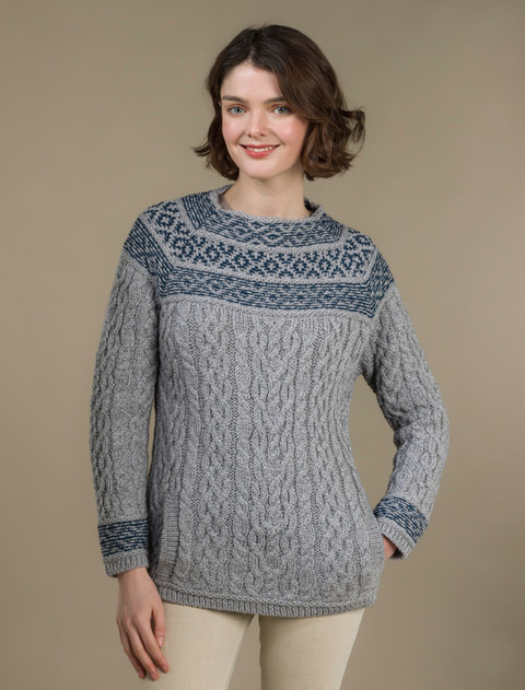 Women's Merino Fair Isle Sweater With Pockets - Soft Grey Mallard