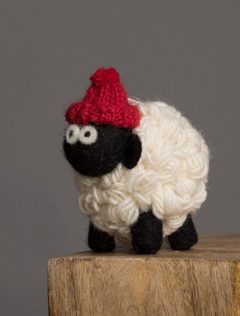 Standing Knitted Mountain Irish Sheep With Red Bobble Hat Collectible