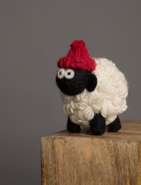 Standing Knitted Mountain Irish Sheep With Red Bobble Hat Collectible