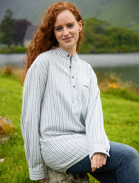 Ladies Flannel Grandfather Shirt - Blue Stripe