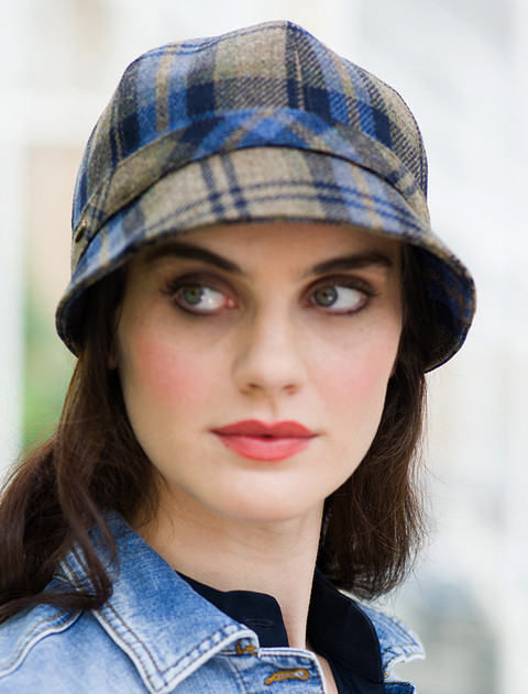 Ladies Tweed Flapper Cap - Charcoal Blue Beige Plaid