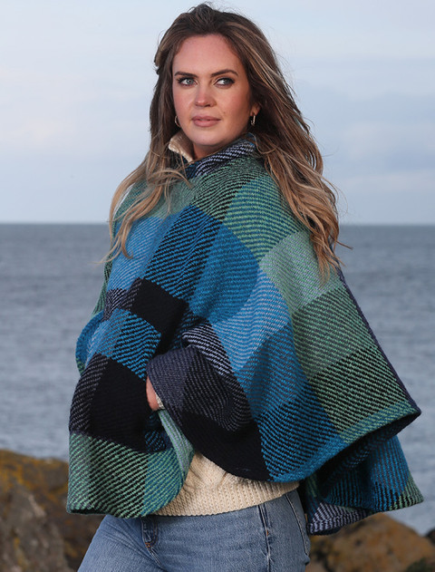 Cheryl Herringbone Hooded Poncho - Kildare Blue