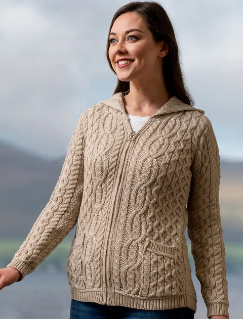 Cable Knit Hoodie with Celtic Knot Zipper Pull - Parsnip