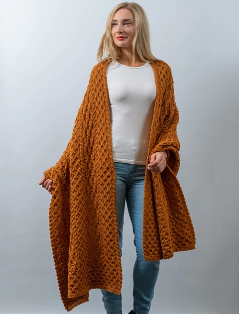 Cable Aran Wrap - Golden Ochre