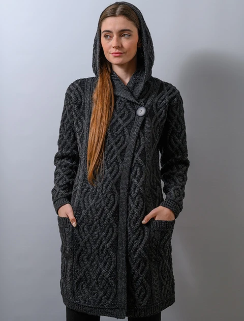 Plaited One Button Coat with Hood - Charcoal