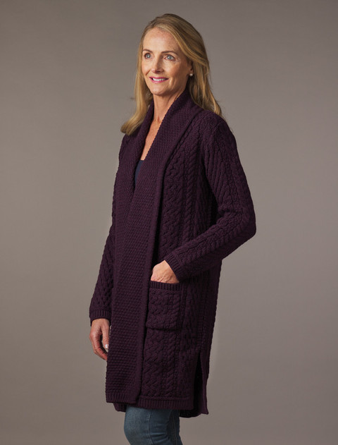 Drape Front‎ Aran Shawl Cardigan‎ - Damson